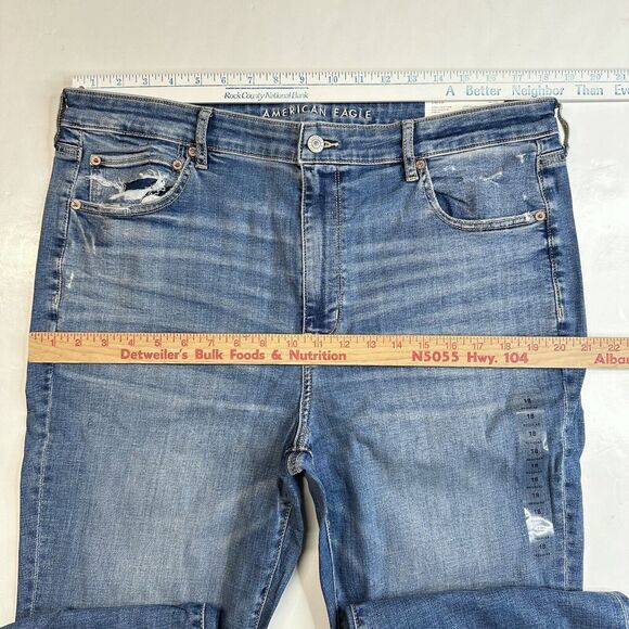 American Eagle Super Hi-Rise Flare Jeans 18 Stretch Blue Denim Distressed NEW - Picture 7 of 11